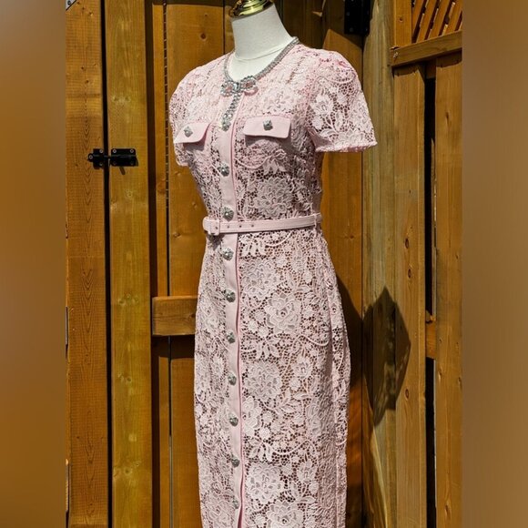 🆕 SELF-PORTRAIT 🧿 BNWOT Pink Lace Diamante Bow Midi Dress, Sz US 4 / UK 8 - Picture 7 of 16